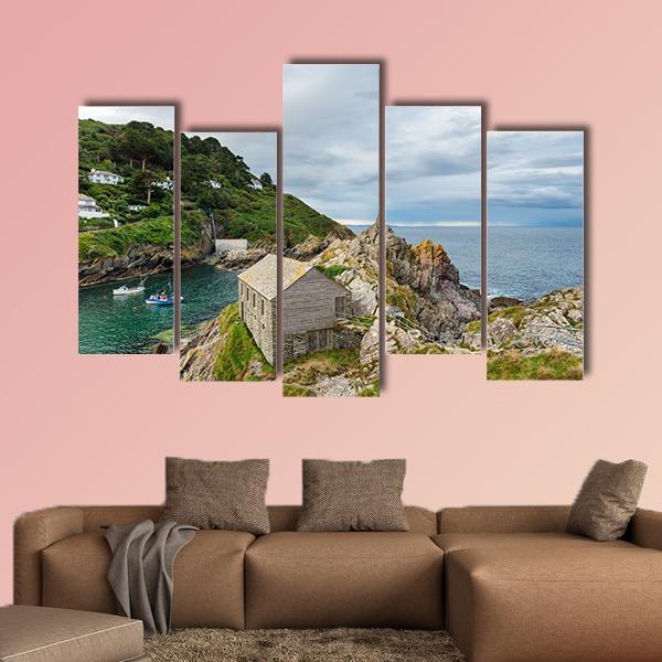 Polperro Harbour In Cornwall Canvas Wall Art-5 Pop-Gallery Wrap-47" x 32"-Tiaracle