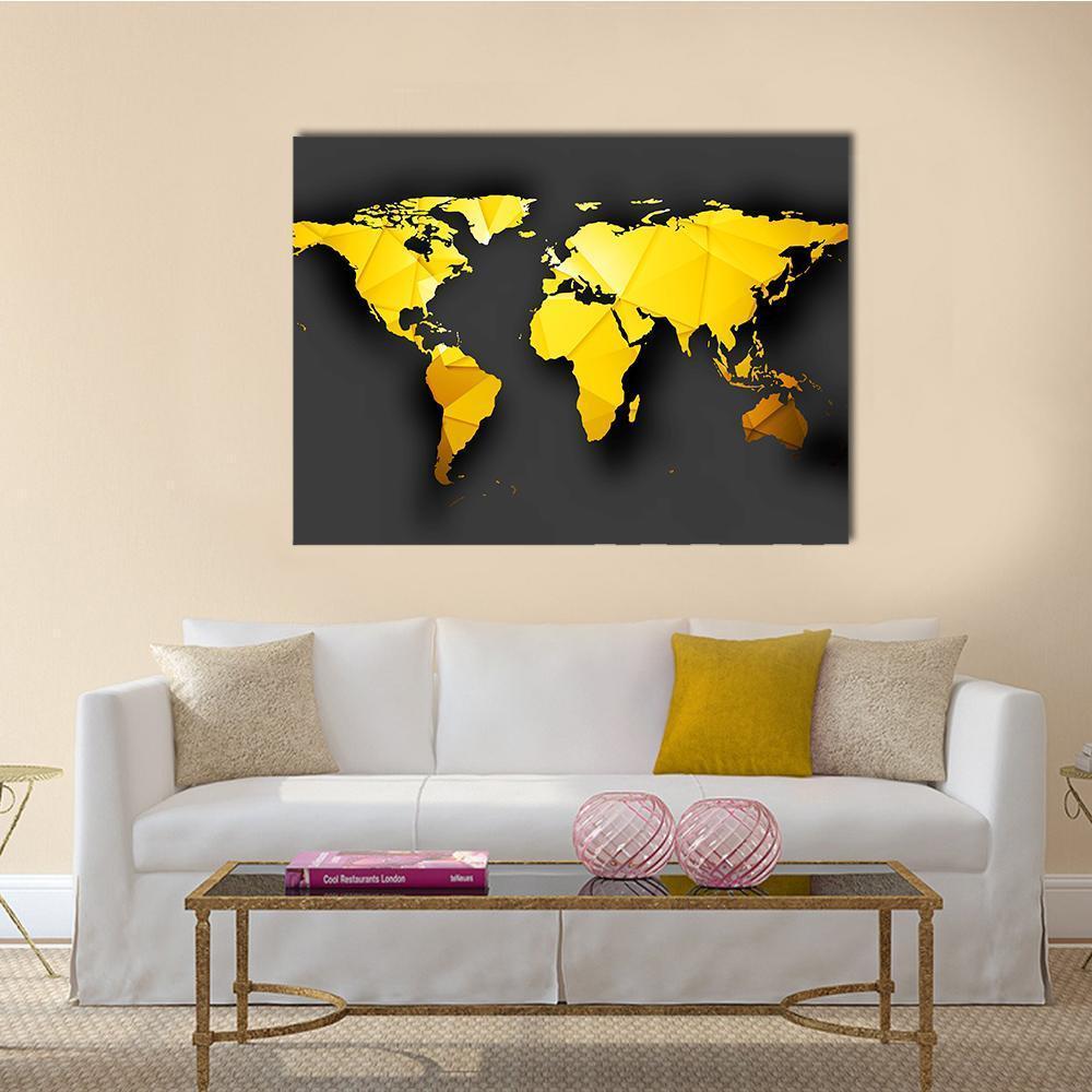 Polygonal World Map Canvas Wall Art in gray, gold and yellow, single panel hung on a wall