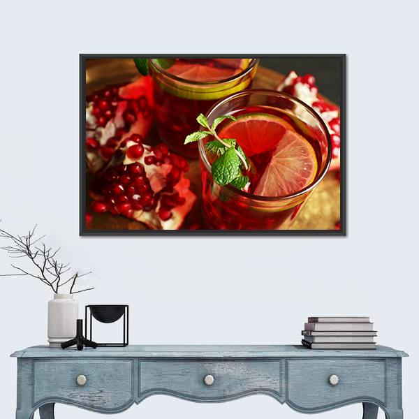 Pomegranate Drink in Glasses Canvas Wall Art in brown, red and green, framed canvas, product view on a white background
