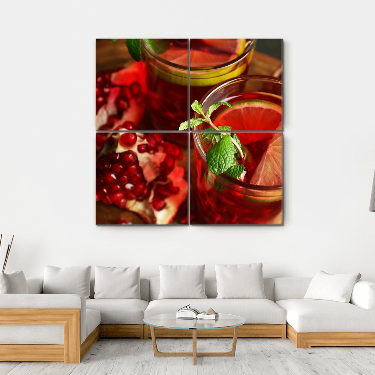 Pomegranate Drink In Glasses Canvas Wall Art-4 Square-Gallery Wrap-17" x 17"-Tiaracle