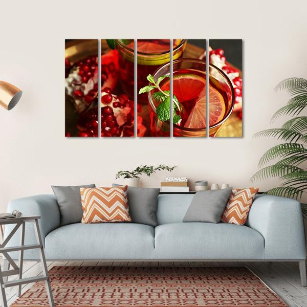 Pomegranate Drink In Glasses Canvas Wall Art-5 Horizontal-Gallery Wrap-22" x 12"-Tiaracle