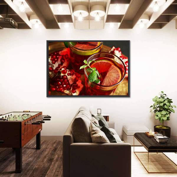Pomegranate Drink In Glasses Canvas Wall Art-3 Horizontal-Gallery Wrap-25" x 16"-Tiaracle