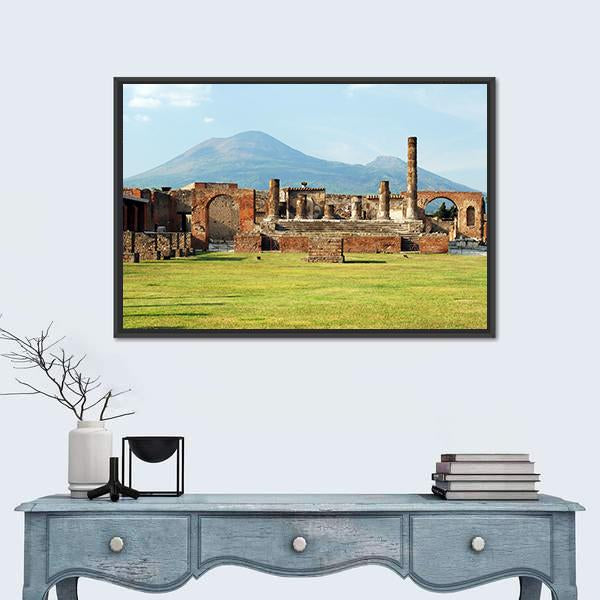 Pompei Ruins with Mount Vesuvius Canvas Wall Art in brown, green and blue, framed canvas, product view on a white background