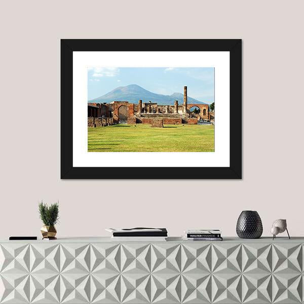 Pompei Ruins In Italy With Mount Vesuvius Canvas Wall Art-1 Piece-Framed Print-20" x 16"-Tiaracle