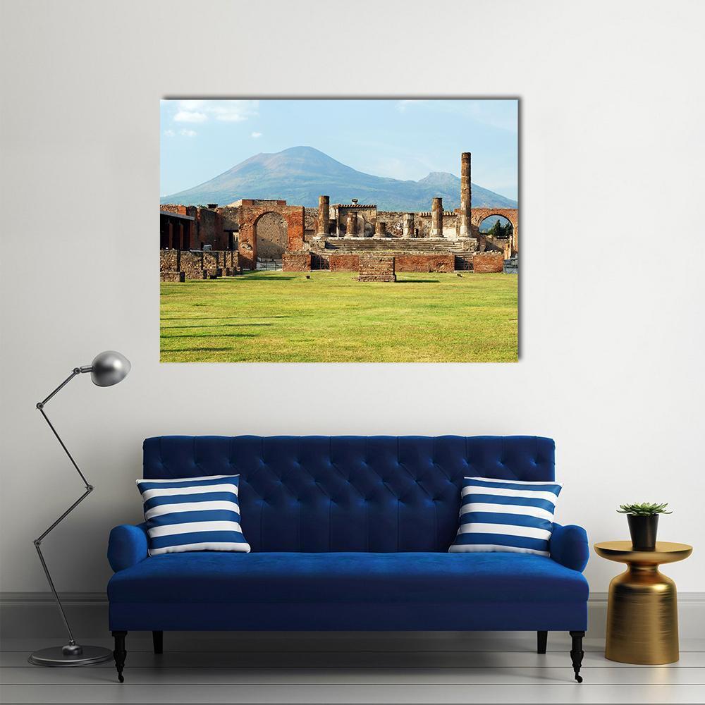 Pompei Ruins with Mount Vesuvius Canvas Wall Art in brown, green and blue, single panel hung on a wall