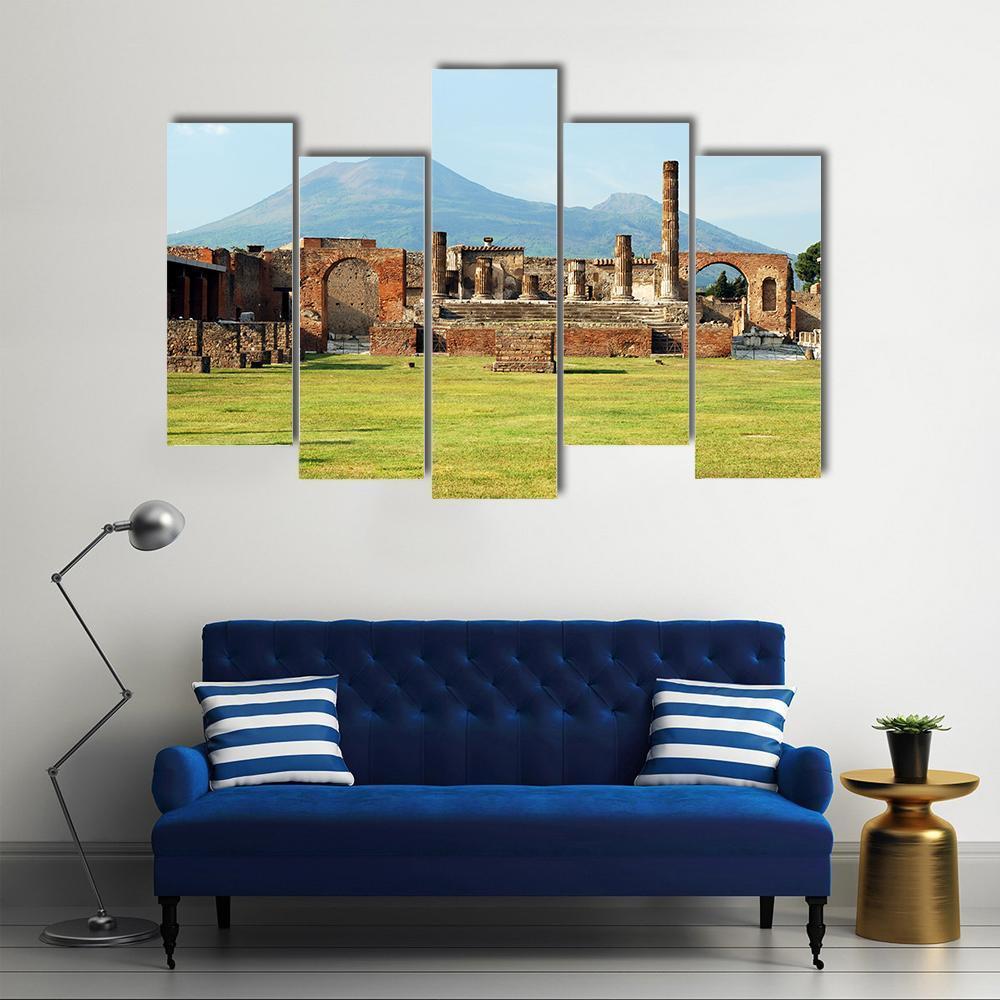 Pompei Ruins In Italy With Mount Vesuvius Canvas Wall Art-5 Pop-Gallery Wrap-47" x 32"-Tiaracle