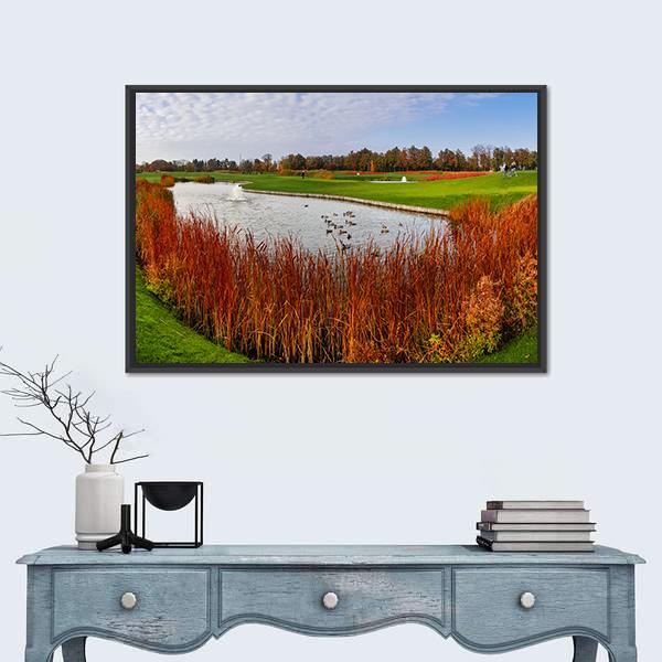 Pond &amp; Green Meadow Canvas Wall Art-1 Piece-Floating Frame-24" x 16"-Tiaracle