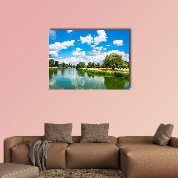 Pond at Hampton Court Park Canvas Wall Art in white, green and blue, single panel hung on a wall