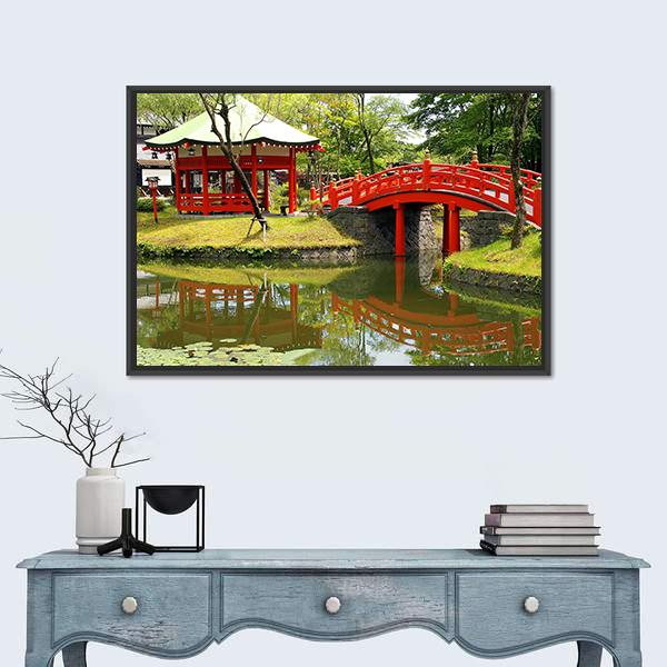 Samurai Village Pond, Japan Canvas Wall Art in red and green, framed canvas, product view on a white background