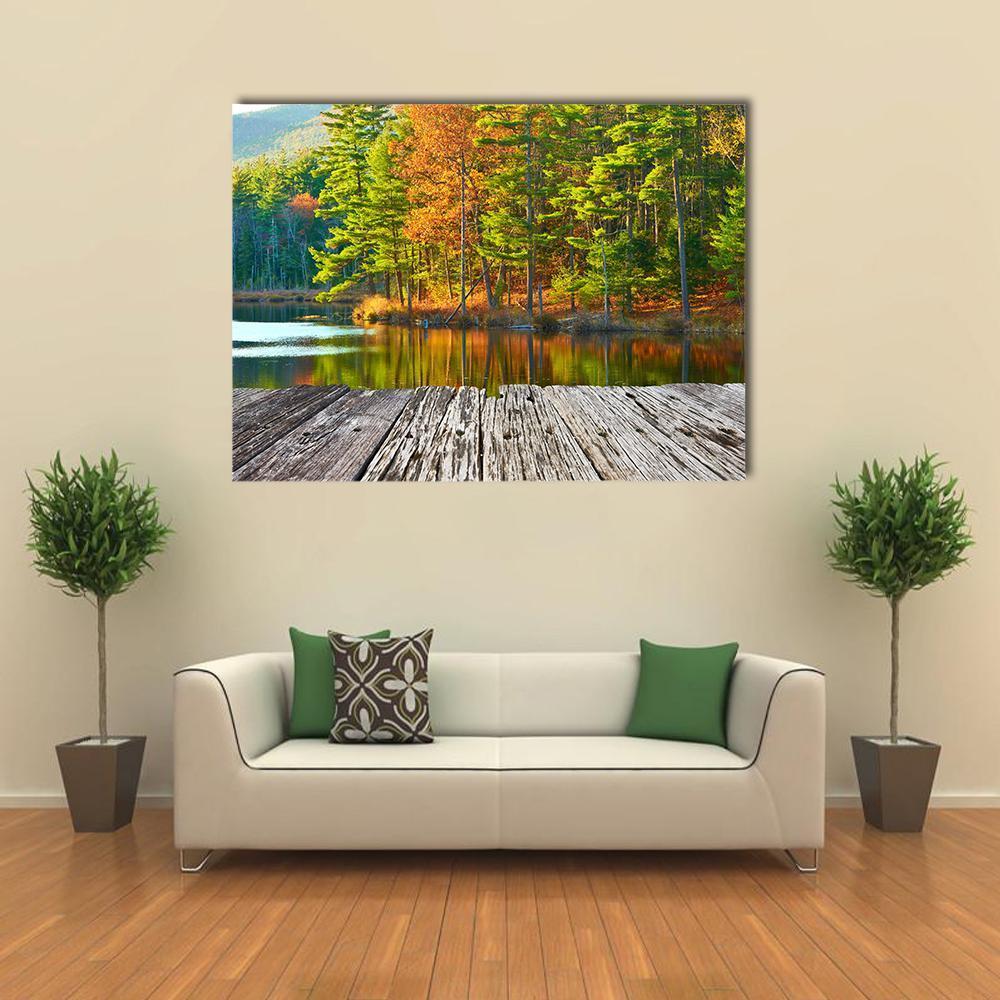 Pond in White Mountain Canvas Wall Art in gray, brown and green, single panel hung on a wall