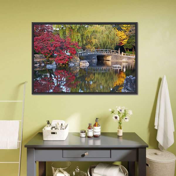 Pond &amp; Trees Japan Canvas Wall Art-1 Piece-Floating Frame-24" x 16"-Tiaracle