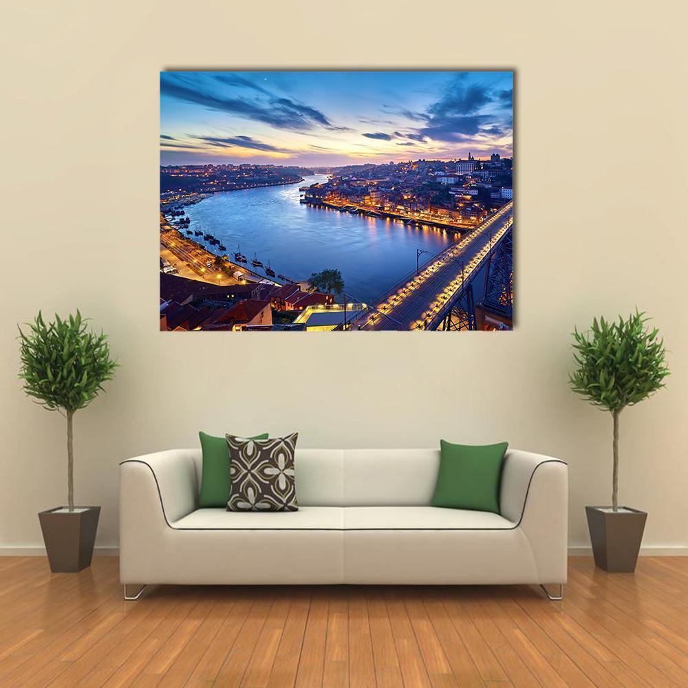 Ponte De Dom Luis and River Douro Canvas Wall Art in orange, yellow and blue, single panel hung on a wall