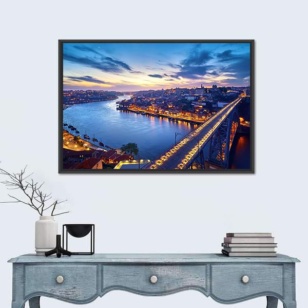 Ponte De Dom Luis Bridge With River Douro Canvas Wall Art-1 Piece-Floating Frame-24" x 16"-Tiaracle