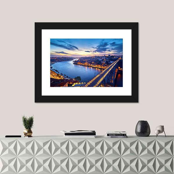 Ponte De Dom Luis Bridge With River Douro Canvas Wall Art-1 Piece-Framed Print-20" x 16"-Tiaracle