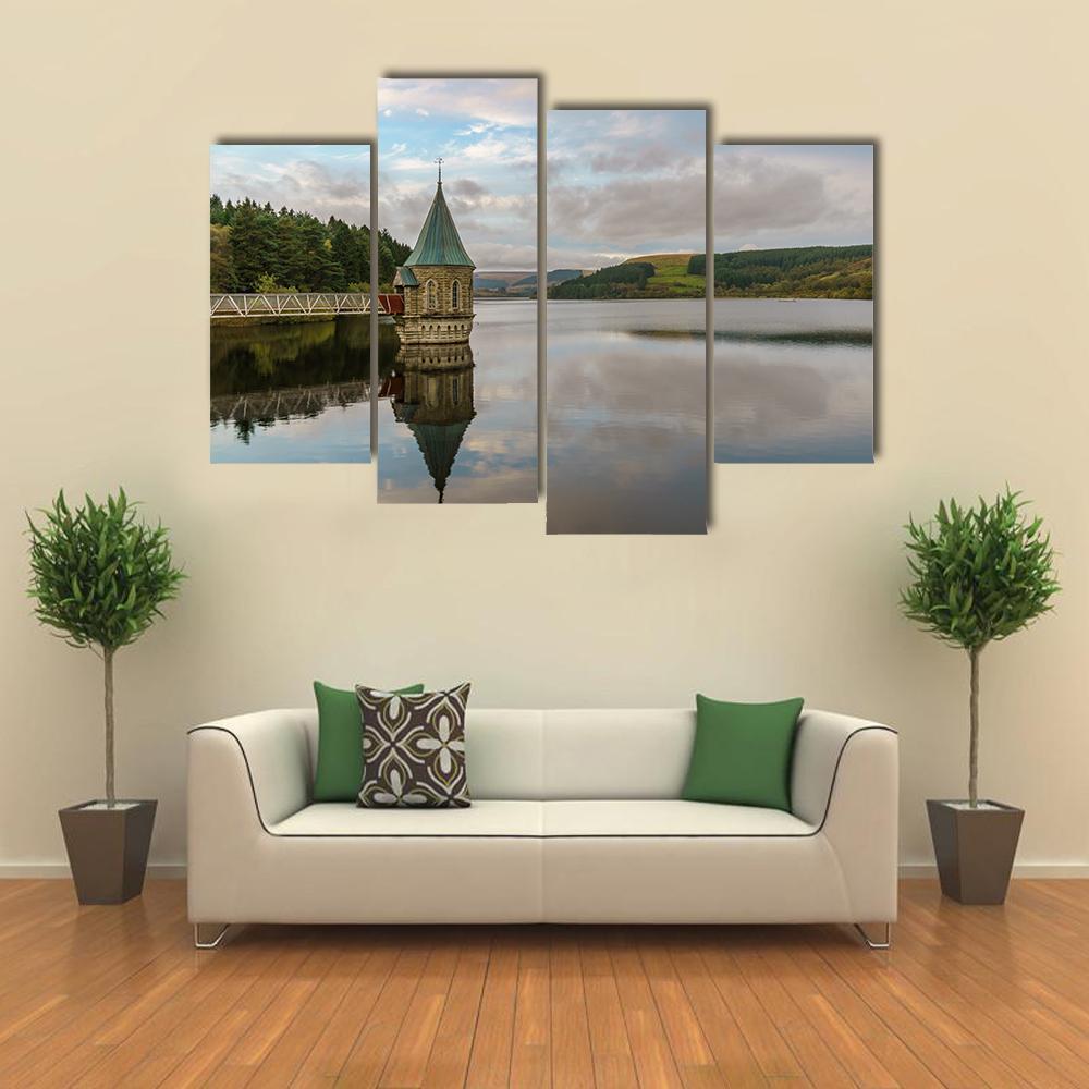 Pontsticill Reservoir And Valve Tower Canvas Wall Art-4 Pop-Gallery Wrap-50" x 32"-Tiaracle