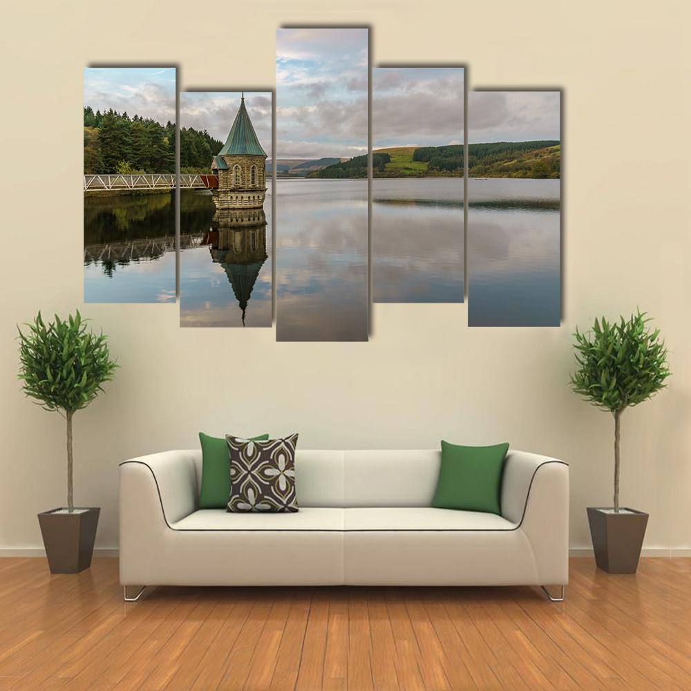 Pontsticill Reservoir And Valve Tower Canvas Wall Art-5 Pop-Gallery Wrap-47" x 32"-Tiaracle