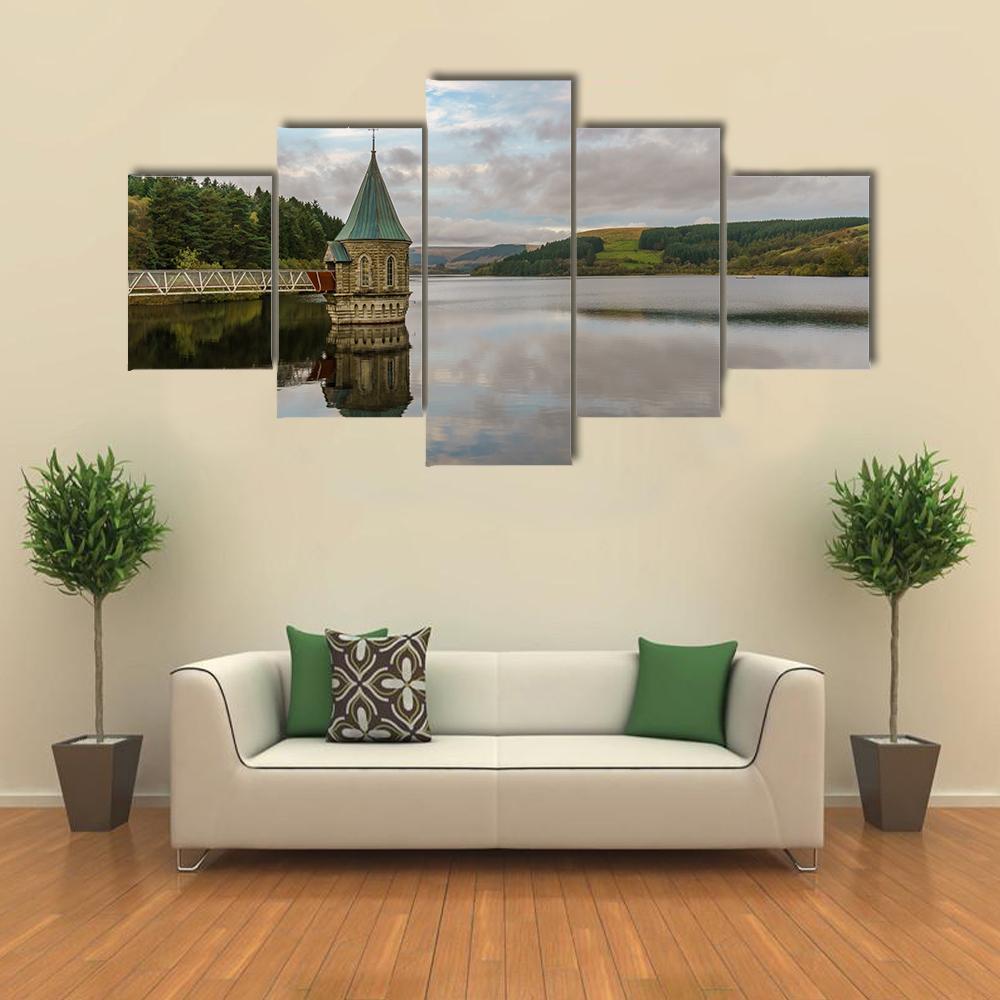 Pontsticill Reservoir And Valve Tower Canvas Wall Art-5 Star-Gallery Wrap-62" x 32"-Tiaracle