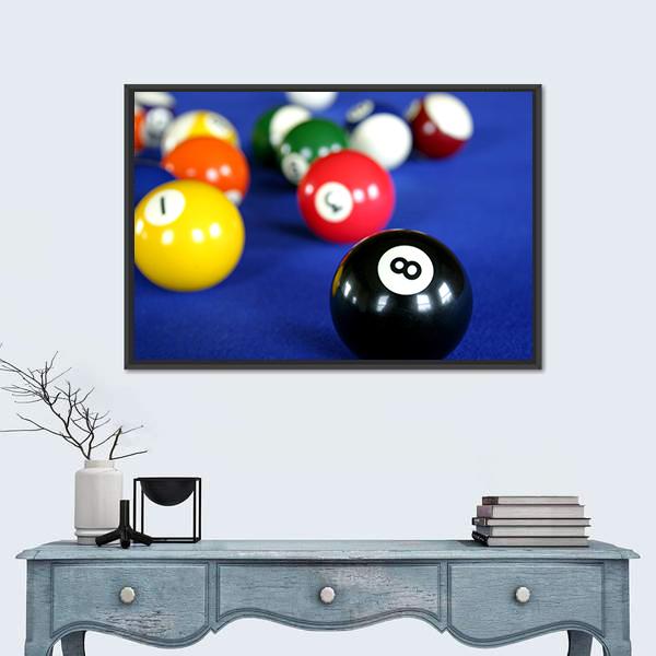 Pool Balls on Blue Table Canvas Wall Art in blue and multicolor, 4 panel Pop layout hung on a wall