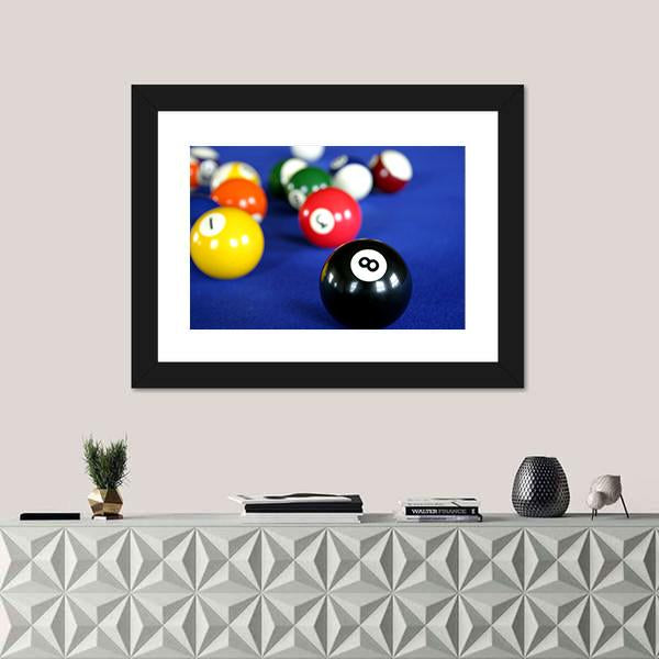 Pool Balls on Blue Table Canvas Wall Art in blue and multicolor, 4 panel Pop layout hung on a wall