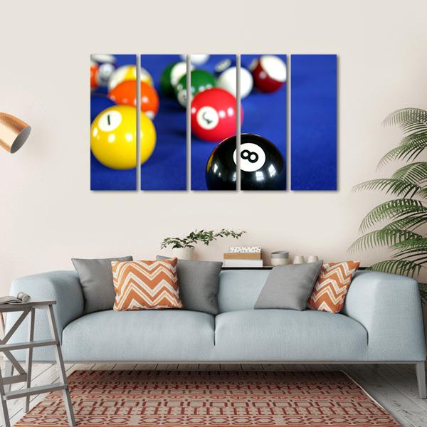 Pool Balls On Blue Pool Table Canvas Wall Art-5 Horizontal-Gallery Wrap-22&quot; x 12&quot;-Tiaracle