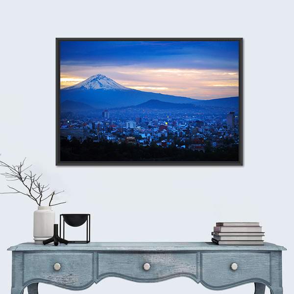 Popocatépetl Volcano at Dusk Canvas Wall Art in orange, blue and purple, framed canvas, product view on a white background