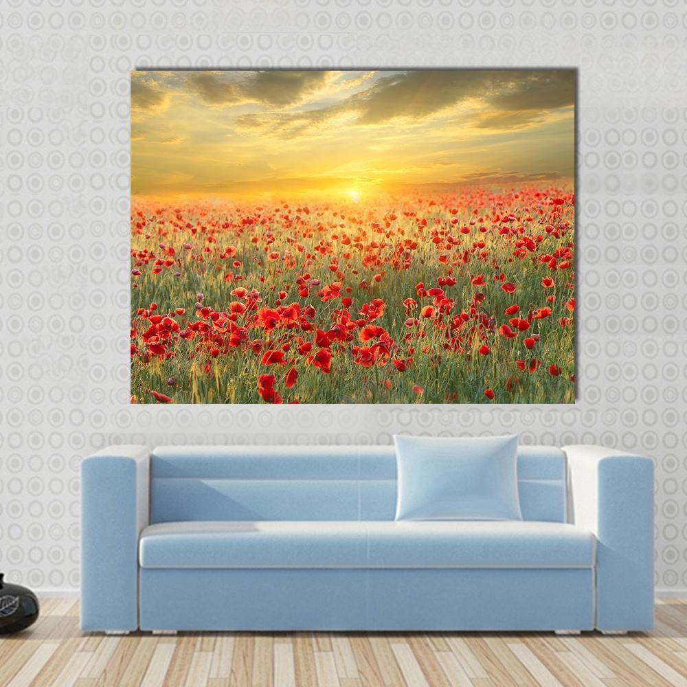 Poppy Filed At Sunset Canvas Wall Art-4 Horizontal-Gallery Wrap-34" x 24"-Tiaracle