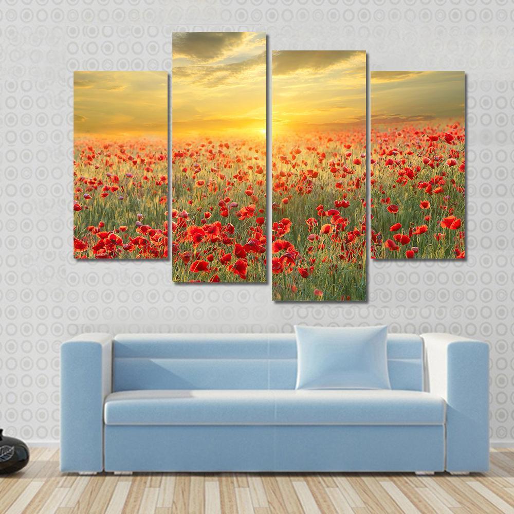 Poppy Filed At Sunset Canvas Wall Art-4 Pop-Gallery Wrap-50" x 32"-Tiaracle