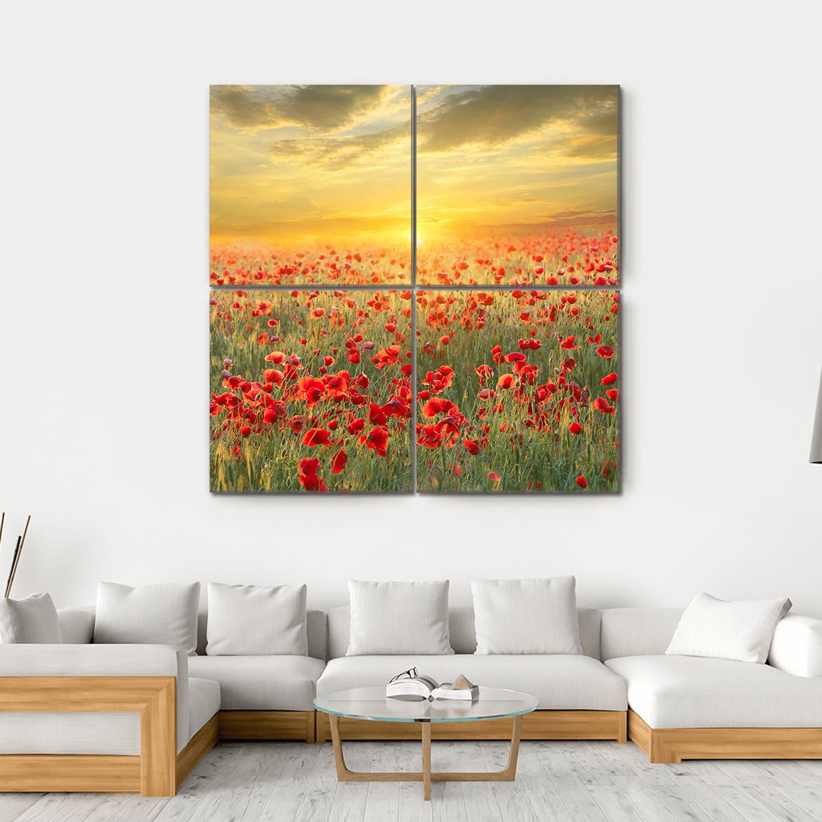 Poppy Filed At Sunset Canvas Wall Art-4 Square-Gallery Wrap-17" x 17"-Tiaracle