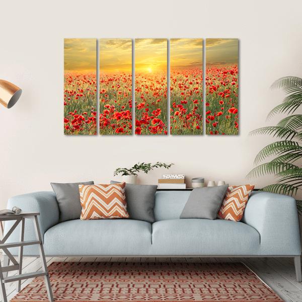 Poppy Filed At Sunset Canvas Wall Art-5 Horizontal-Gallery Wrap-52" x 30"-Tiaracle