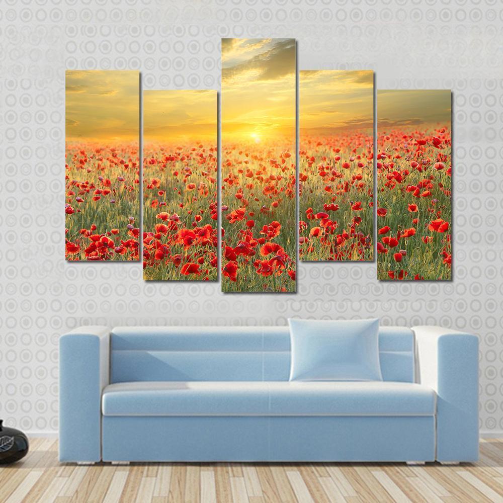 Poppy Filed At Sunset Canvas Wall Art-5 Pop-Gallery Wrap-47" x 32"-Tiaracle