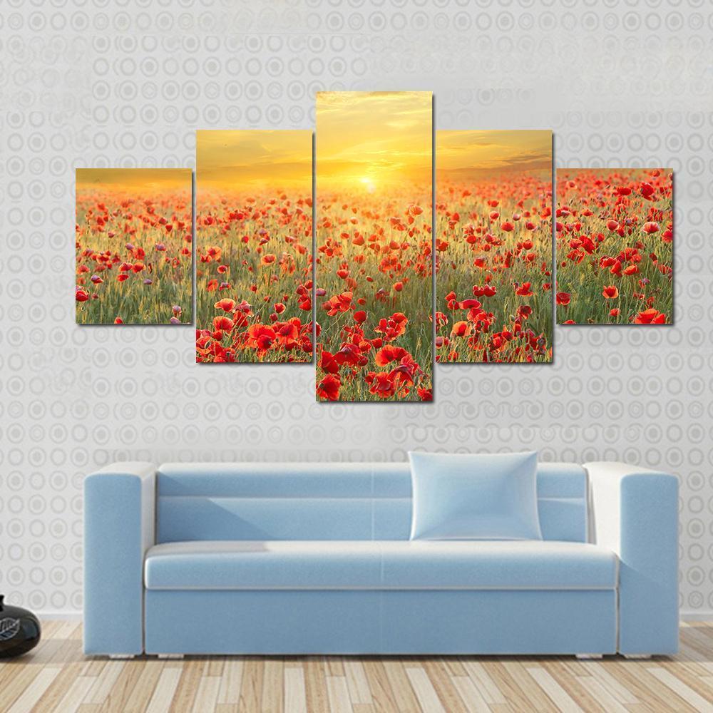 Poppy Filed At Sunset Canvas Wall Art-5 Star-Gallery Wrap-62" x 32"-Tiaracle