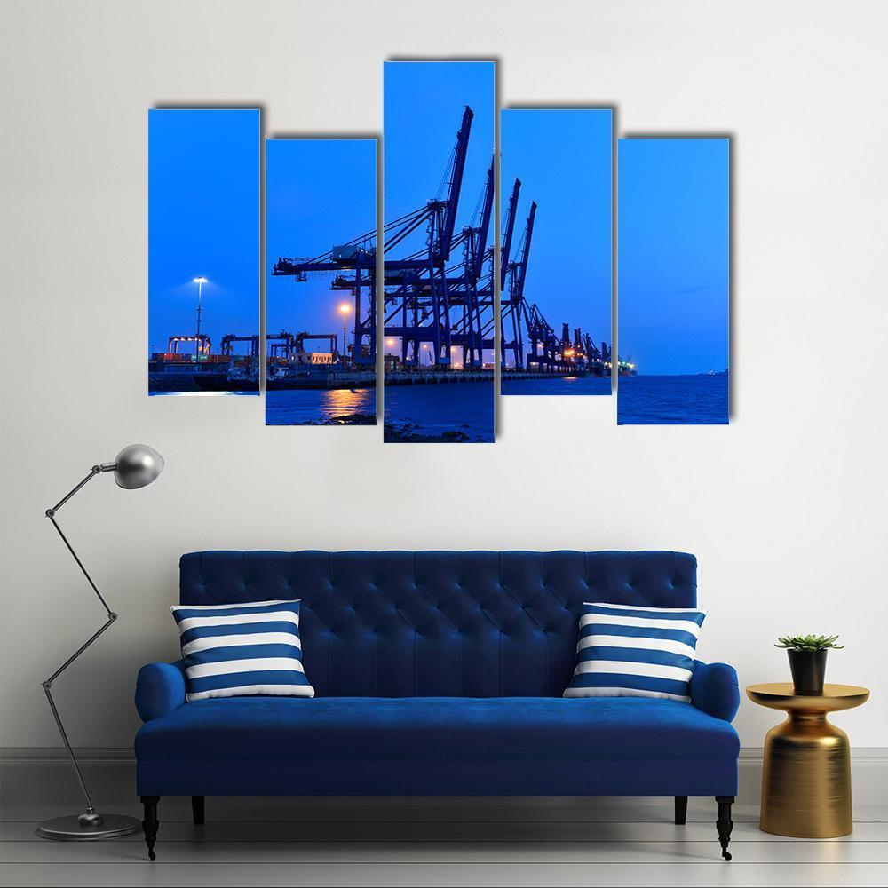Port Crane Bridge And Bulk Carrier Canvas Wall Art-5 Pop-Gallery Wrap-47" x 32"-Tiaracle
