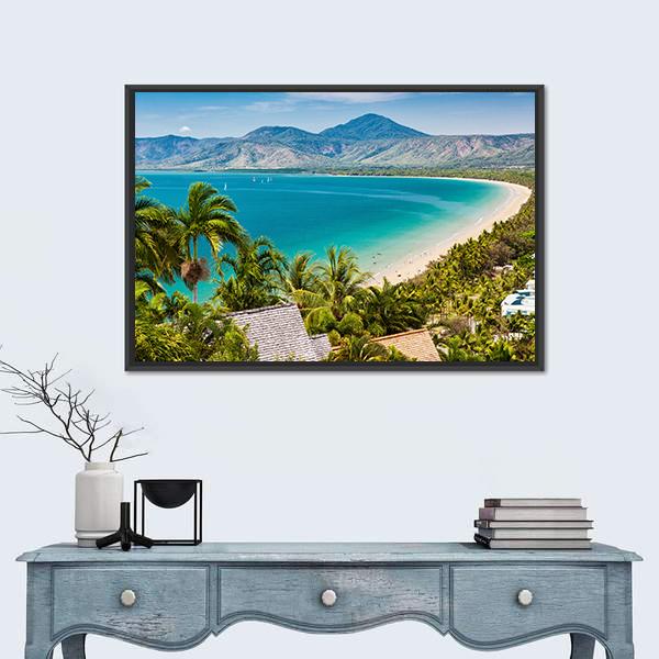Tropical Beach Aerial with White Sand and Sailboats Canvas Wall Art in beige, green and blue, framed canvas, product view on a white background