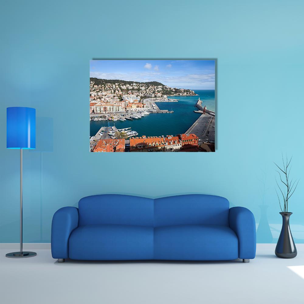 Port Lympia, Nice Harbor Aerial View Canvas Wall Art in white, orange and blue, single panel hung on a wall