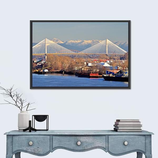 Port Mann Cable-stayed Bridge Canvas Wall Art in white, gray and blue, framed canvas, product view on a white background