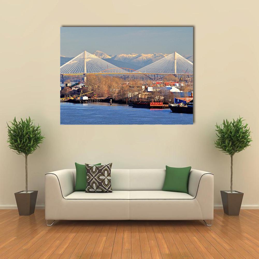 Port Mann Cable-stayed Bridge Canvas Wall Art in white, gray and blue, single panel hung on a wall