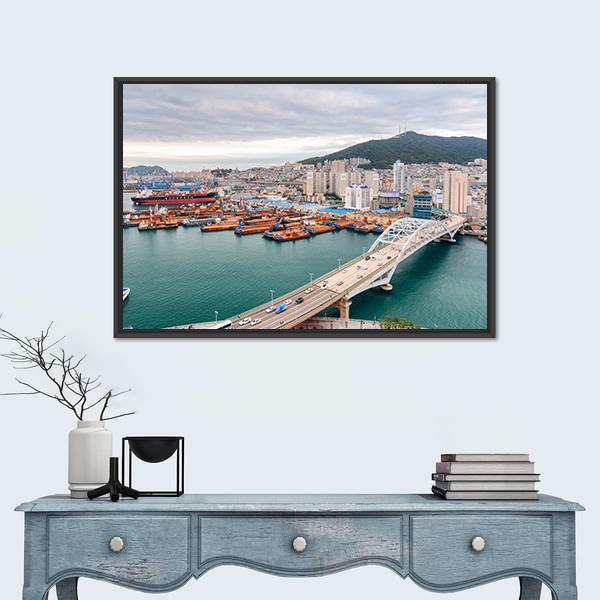 Port of Busan And Busandaegyo Bridge Canvas Wall Art-1 Piece-Floating Frame-24" x 16"-Tiaracle
