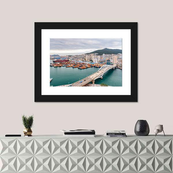 Port of Busan And Busandaegyo Bridge Canvas Wall Art-1 Piece-Framed Print-20" x 16"-Tiaracle