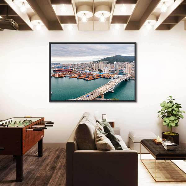 Port of Busan And Busandaegyo Bridge Canvas Wall Art-3 Horizontal-Gallery Wrap-25" x 16"-Tiaracle