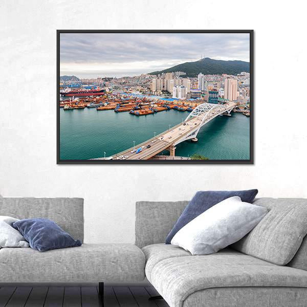 Port of Busan And Busandaegyo Bridge Canvas Wall Art-3 Horizontal-Gallery Wrap-25" x 16"-Tiaracle