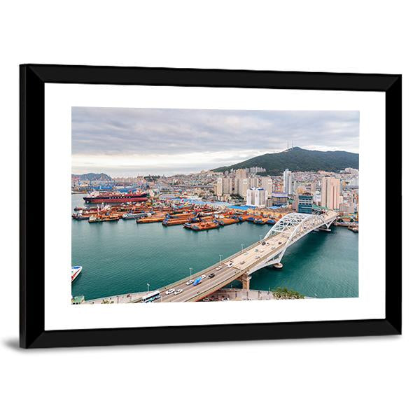 Port of Busan And Busandaegyo Bridge Canvas Wall Art-3 Horizontal-Gallery Wrap-25" x 16"-Tiaracle