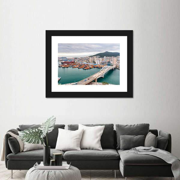 Port of Busan And Busandaegyo Bridge Canvas Wall Art-3 Horizontal-Gallery Wrap-25" x 16"-Tiaracle