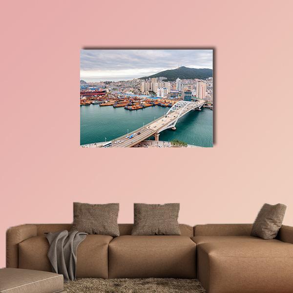 Port of Busan and Busandaegyo Bridge Canvas Wall Art in gray, orange and blue, single panel hung on a wall