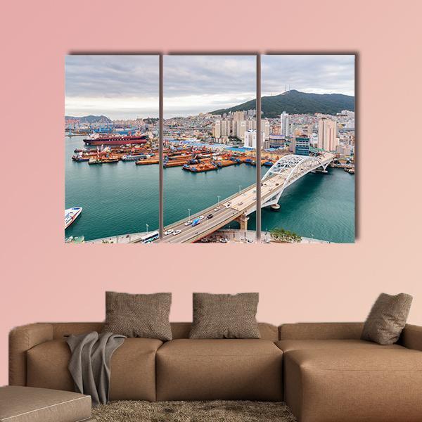 Port of Busan And Busandaegyo Bridge Canvas Wall Art-3 Horizontal-Gallery Wrap-25" x 16"-Tiaracle