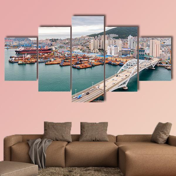 Port of Busan And Busandaegyo Bridge Canvas Wall Art-5 Star-Gallery Wrap-62" x 32"-Tiaracle