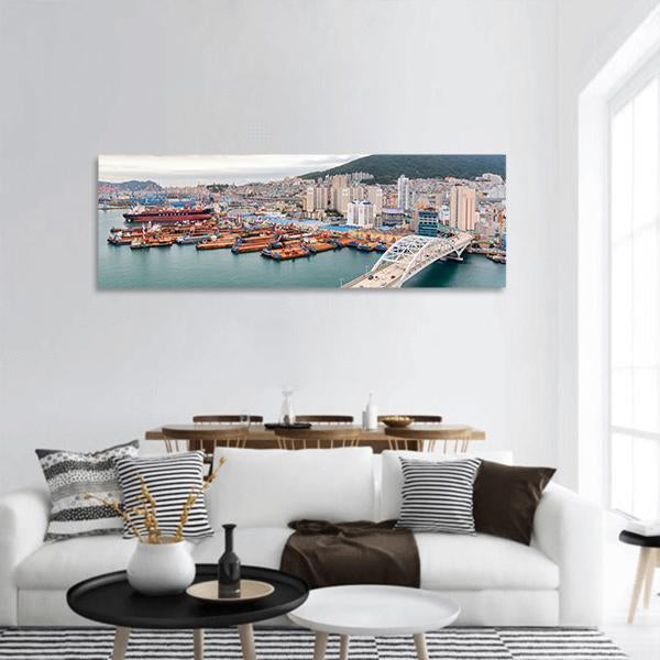 Port Of Busan And Busandaegyo Bridge Panoramic Canvas Wall Art-1 Piece-36" x 12"-Tiaracle