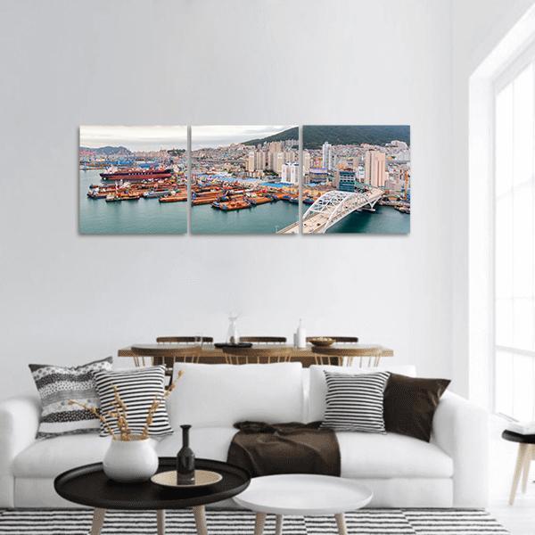 Port Of Busan And Busandaegyo Bridge Panoramic Canvas Wall Art-3 Piece-25" x 08"-Tiaracle