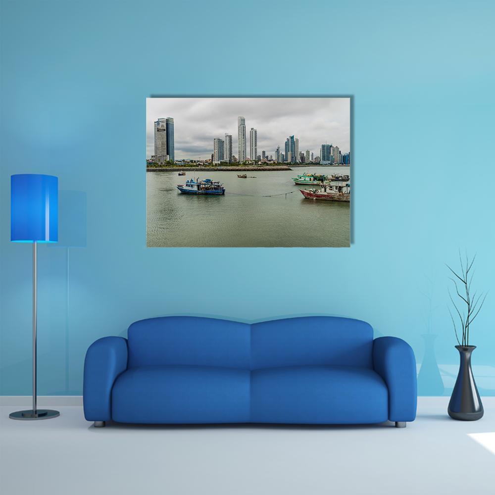Port Skyline with Ships Canvas Wall Art in gray, green and blue, single panel hung on a wall