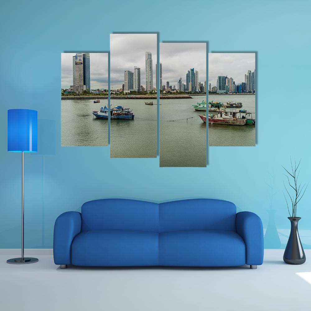 Port With Skyline Of Panama Canvas Wall Art-4 Pop-Gallery Wrap-50" x 32"-Tiaracle