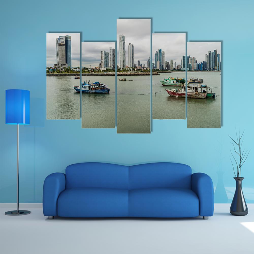 Port With Skyline Of Panama Canvas Wall Art-5 Pop-Gallery Wrap-47" x 32"-Tiaracle